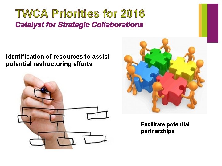 TWCA Priorities for 2016 Catalyst for Strategic Collaborations Identification of resources to assist potential