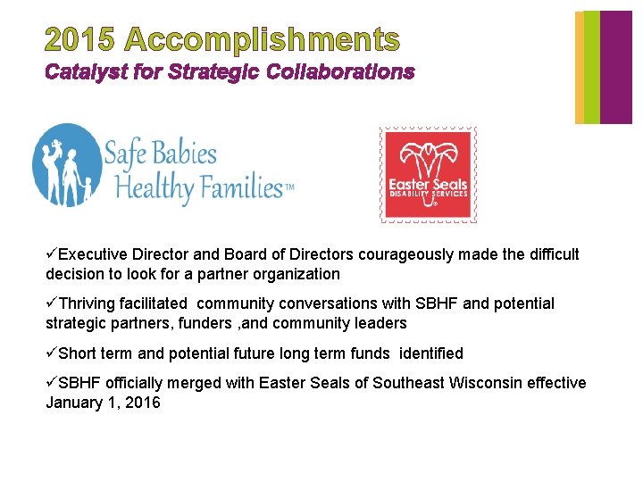 2015 Accomplishments Catalyst for Strategic Collaborations üExecutive Director and Board of Directors courageously made