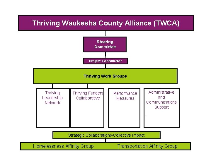 Thriving Waukesha County Alliance (TWCA) Steering Committee Project Coordinator Thriving Work Groups Thriving Leadership
