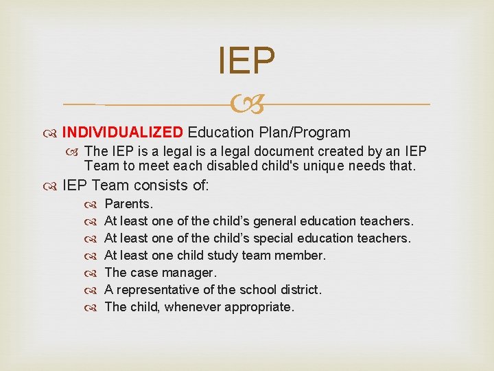 IEP INDIVIDUALIZED Education Plan/Program The IEP is a legal document created by an IEP