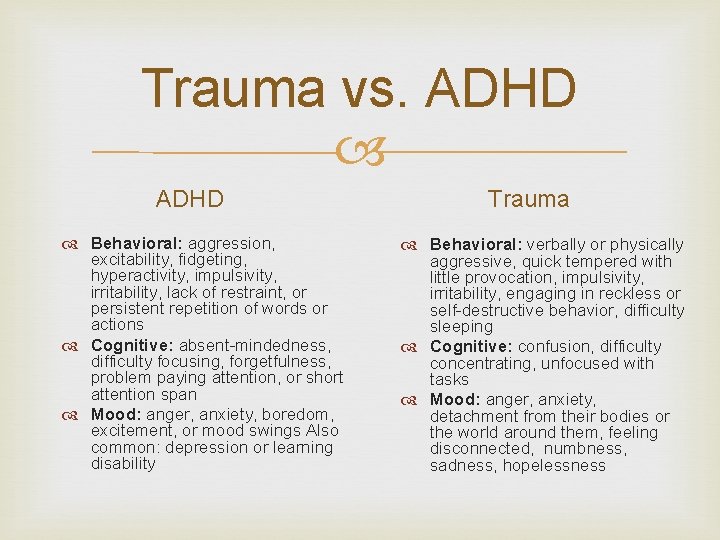 Trauma vs. ADHD Behavioral: aggression, excitability, fidgeting, hyperactivity, impulsivity, irritability, lack of restraint, or