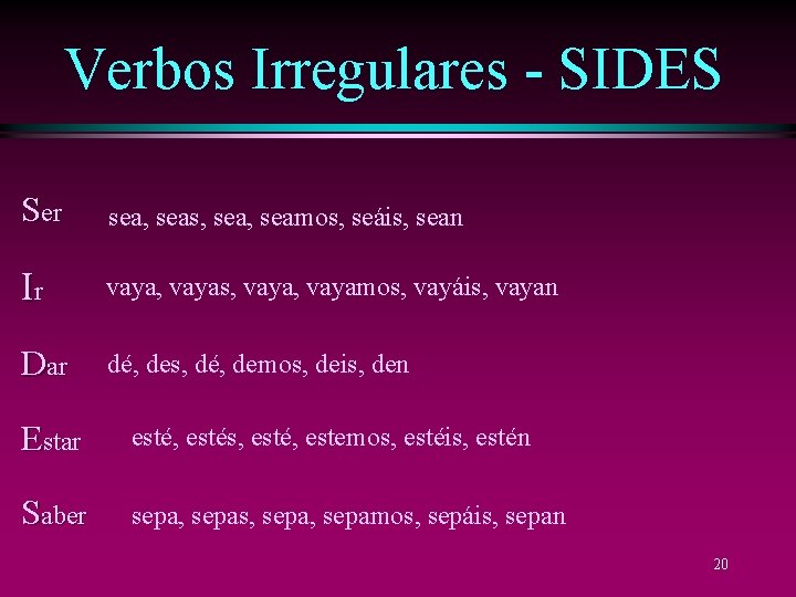 Verbos Irregulares - SIDES Ser sea, seas, seamos, seáis, sean Ir vaya, vayas, vayamos,