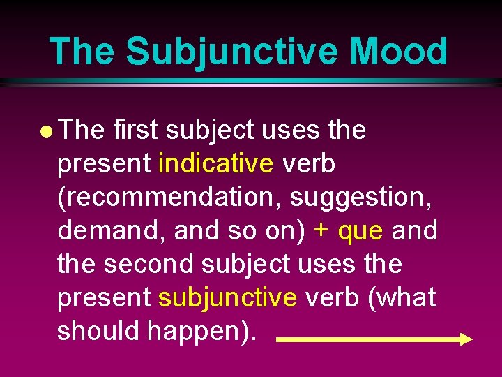 The Subjunctive Mood l The first subject uses the present indicative verb (recommendation, suggestion,