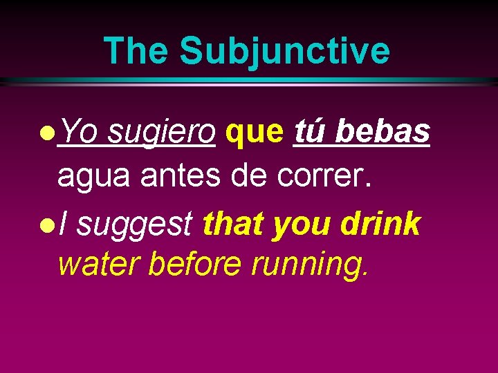 The Subjunctive l. Yo sugiero que tú bebas agua antes de correr. l. I