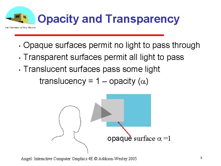 Opacity and Transparency • • • Opaque surfaces permit no light to pass through