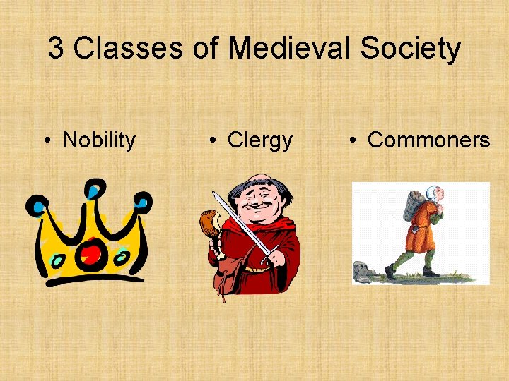 3 Classes of Medieval Society • Nobility • Clergy • Commoners 