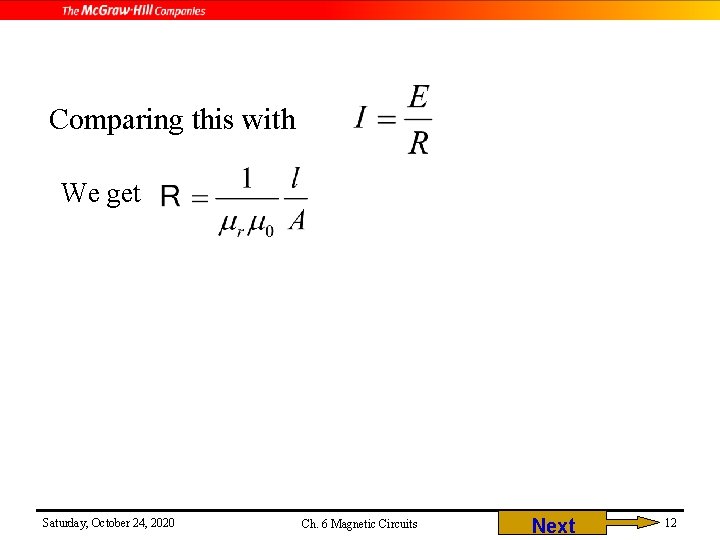 Comparing this with We get Saturday, October 24, 2020 Ch. 6 Magnetic Circuits Next