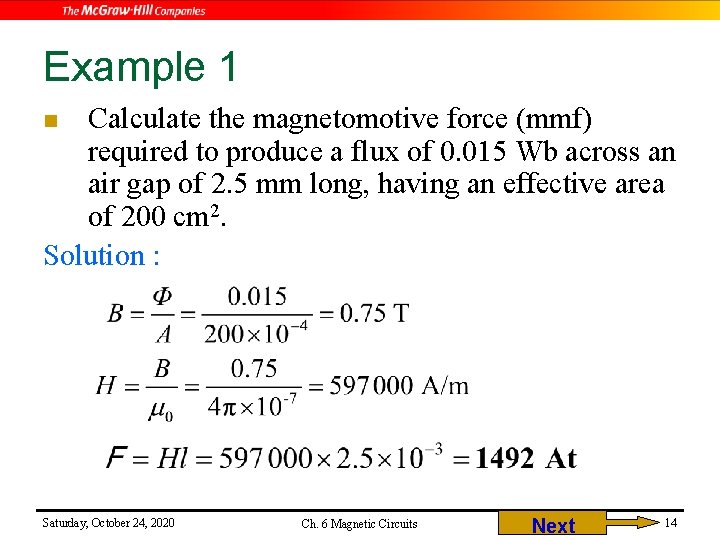Example 1 Calculate the magnetomotive force (mmf) required to produce a flux of 0.