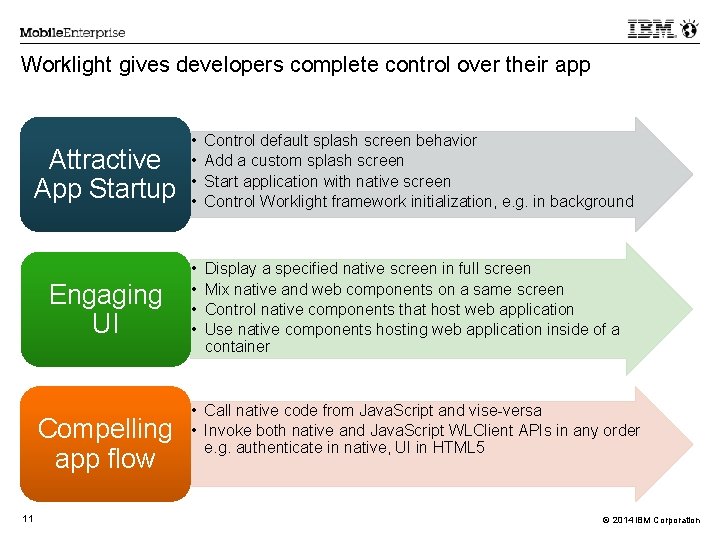 Worklight gives developers complete control over their app Attractive App Startup • • Control