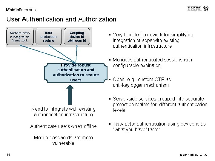User Authentication and Authorization Authenticatio n integration framework Data protection realms Coupling device id