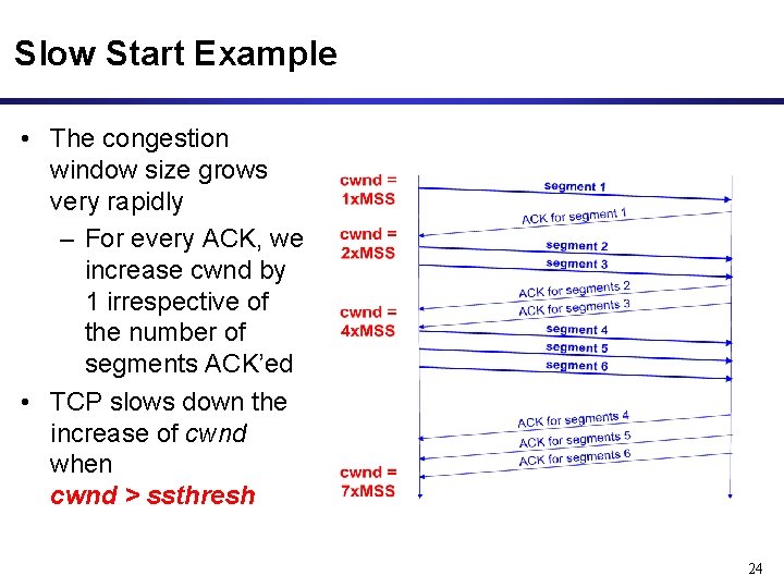 Slow Start Example • The congestion window size grows very rapidly – For every