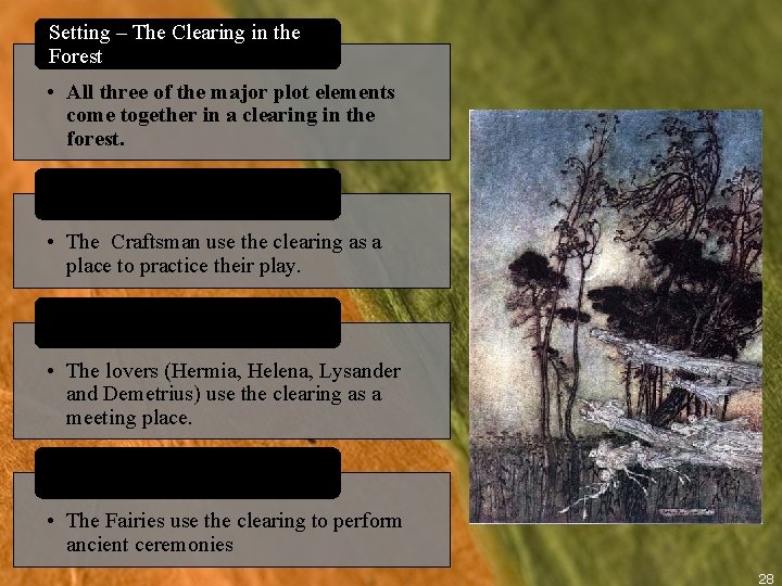 Setting – The Clearing in the Forest • All three of the major plot