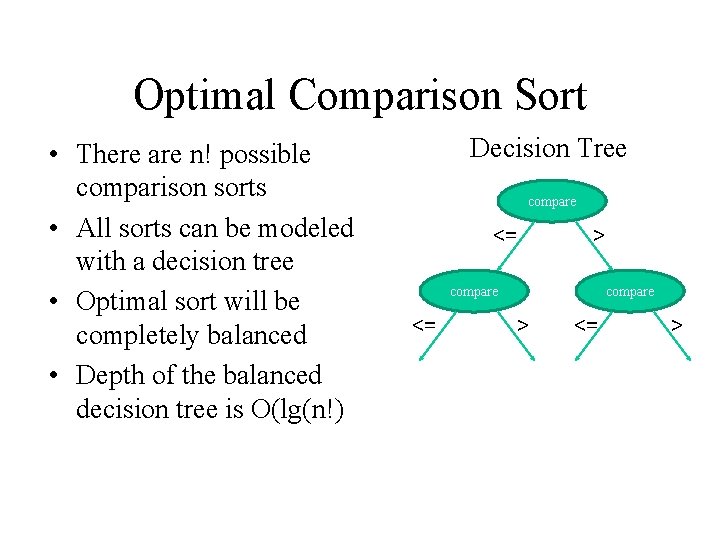 Optimal Comparison Sort • There are n! possible comparison sorts • All sorts can Optimal Comparison Sort • There are n! possible comparison sorts • All sorts can