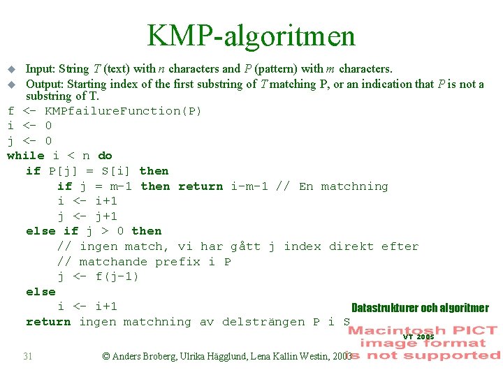 KMP-algoritmen Input: String T (text) with n characters and P (pattern) with m characters.