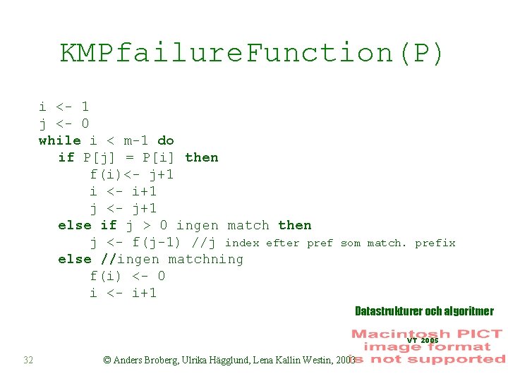 KMPfailure. Function(P) i <- 1 j <- 0 while i < m-1 do if