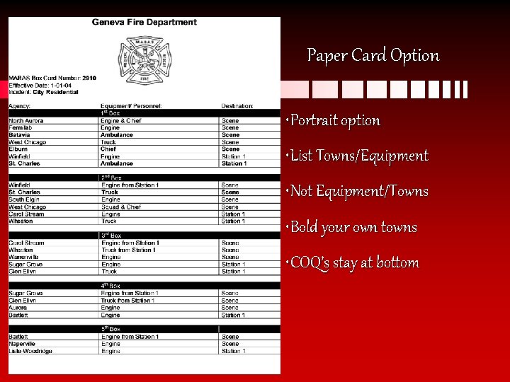 Paper Card Option • Portrait option • List Towns/Equipment • Not Equipment/Towns • Bold