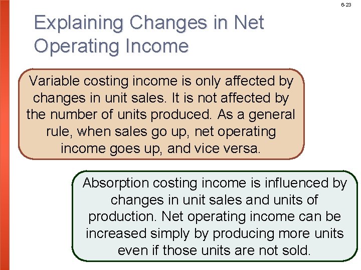 6 -23 Explaining Changes in Net Operating Income Variable costing income is only affected