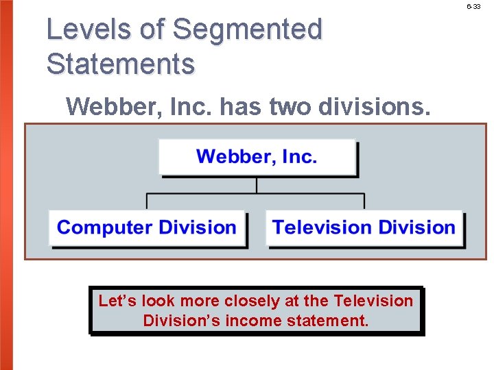 6 -33 Levels of Segmented Statements Webber, Inc. has two divisions. Let’s look more