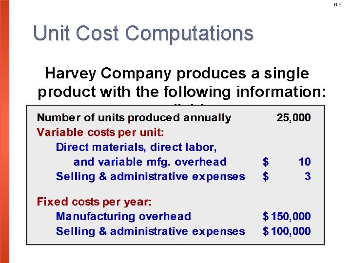 6 -6 Unit Cost Computations Harvey Company produces a single product with the following