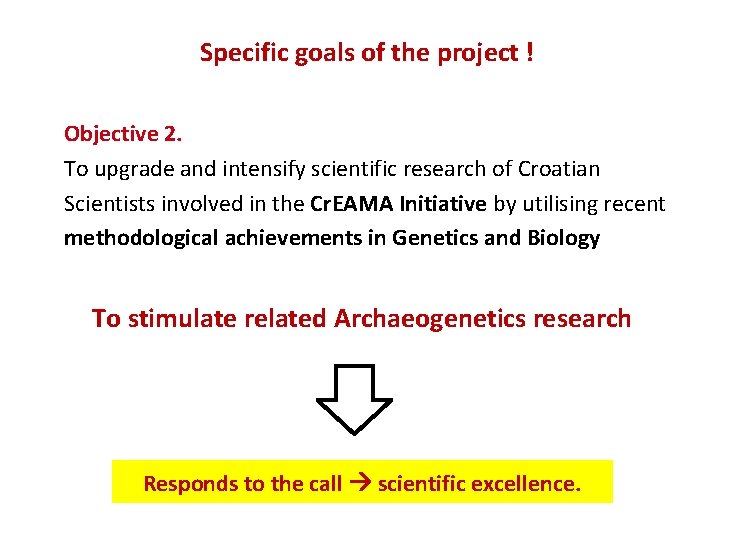 Specific goals of the project ! Objective 2. To upgrade and intensify scientific research