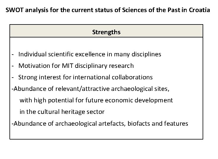 SWOT analysis for the current status of Sciences of the Past in Croatia Strengths