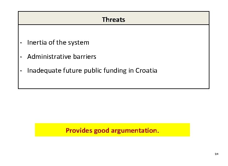 Threats - Inertia of the system - Administrative barriers - Inadequate future public funding