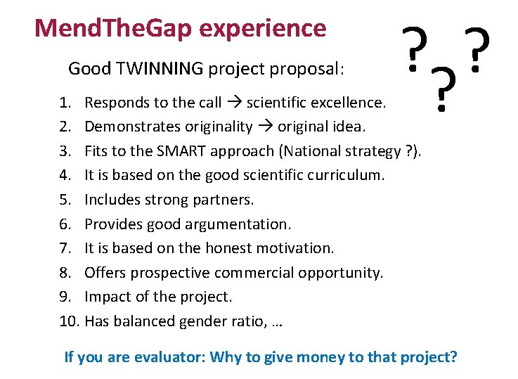 Mend. The. Gap experience Good TWINNING project proposal: ? ? ? 1. Responds to