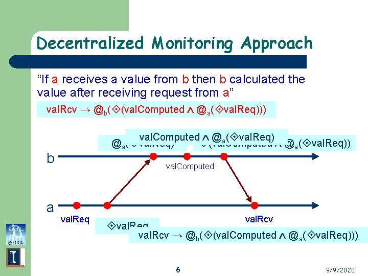 Decentralized Monitoring Approach “If a receives a value from b then b calculated the