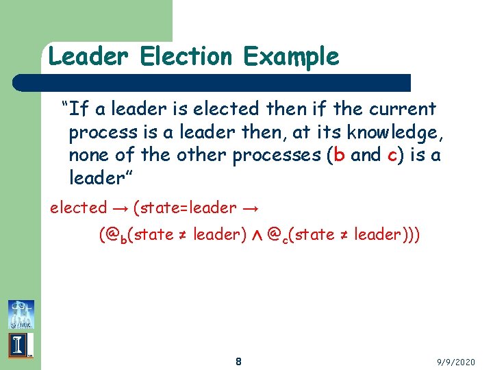 Leader Election Example “If a leader is elected then if the current process is