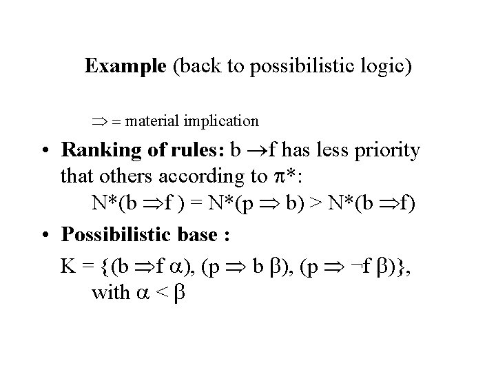 Example (back to possibilistic logic) = material implication • Ranking of rules: b f