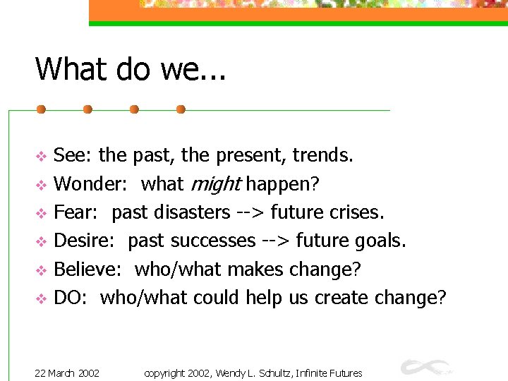 What do we. . . See: the past, the present, trends. v Wonder: what