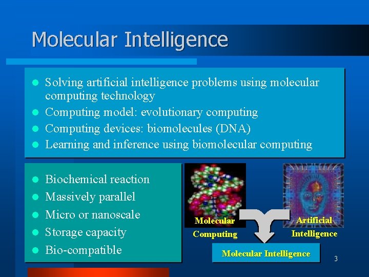 Molecular Intelligence Solving artificial intelligence problems using molecular computing technology l Computing model: evolutionary