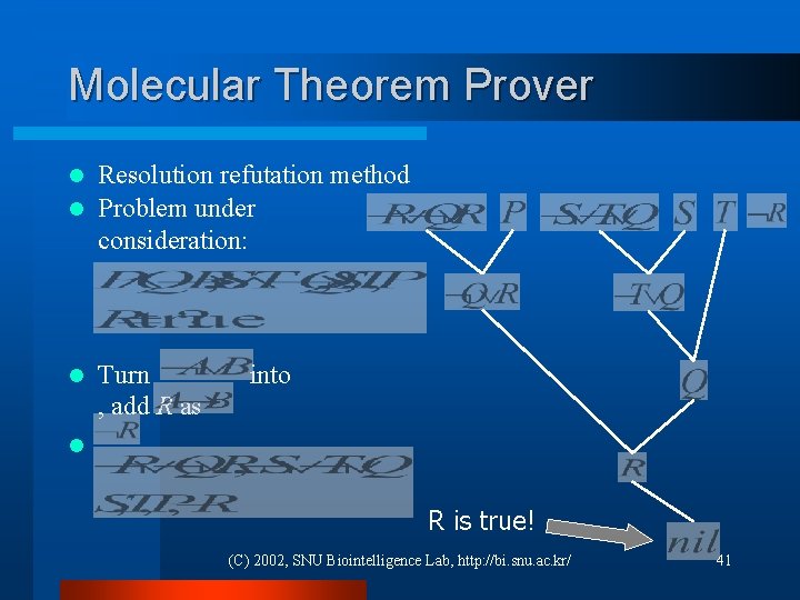 Molecular Theorem Prover Resolution refutation method l Problem under consideration: l Turn into ,