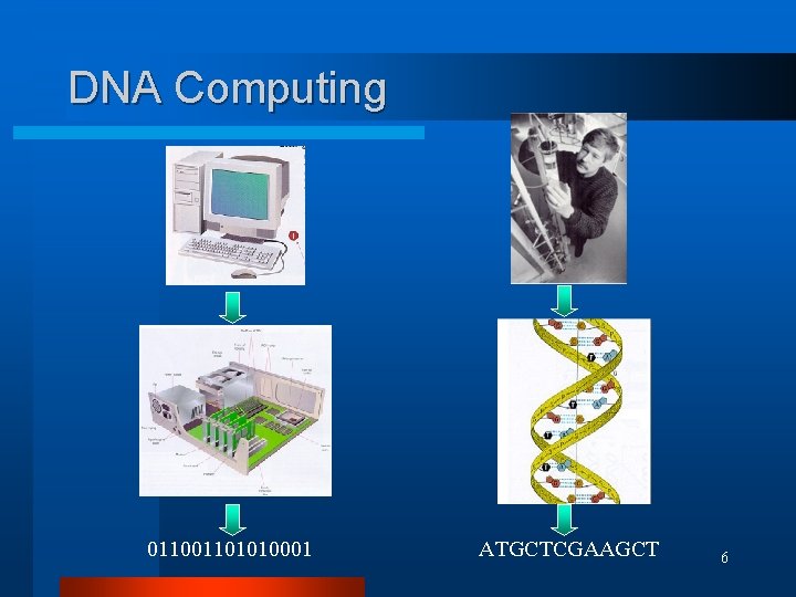 DNA Computing 01101010001 ATGCTCGAAGCT 6 