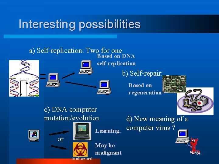 Interesting possibilities a) Self-replication: Two for one Based on DNA self-replication b) Self-repair: Based