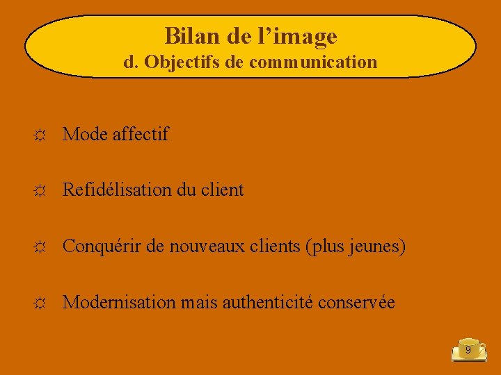 Bilan de l’image d. Objectifs de communication ☼ Mode affectif ☼ Refidélisation du client