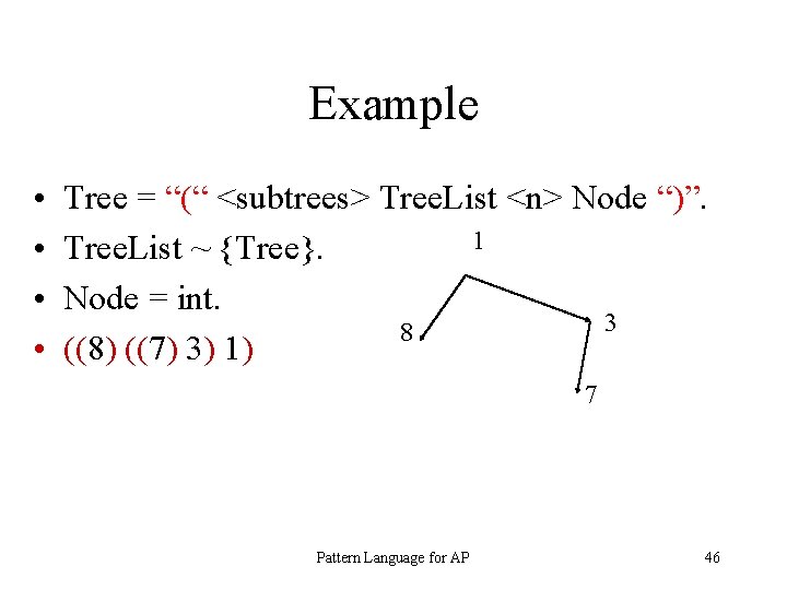 Example • • Tree = “(“ <subtrees> Tree. List <n> Node “)”. 1 Tree.