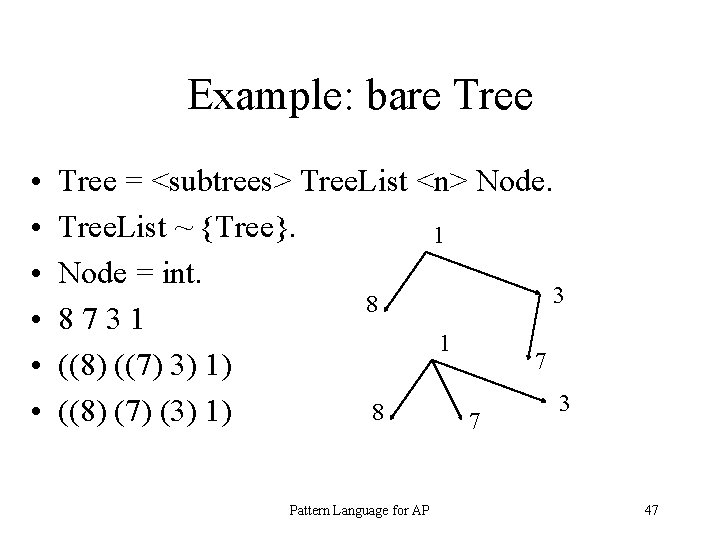 Example: bare Tree • • • Tree = <subtrees> Tree. List <n> Node. Tree.