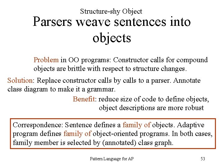 Structure-shy Object Parsers weave sentences into objects Problem in OO programs: Constructor calls for