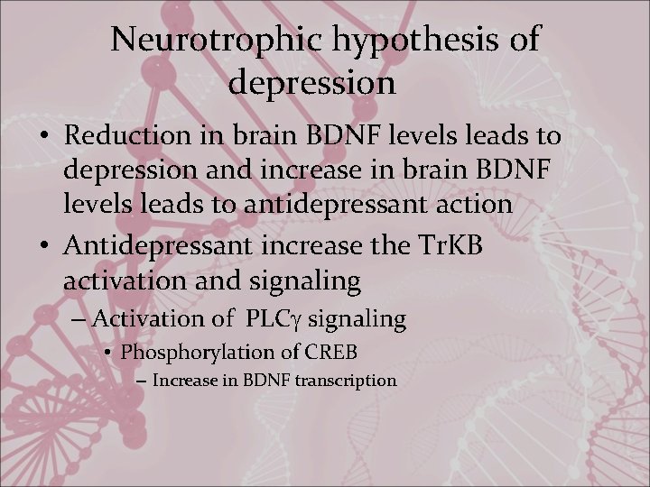 Neurotrophic hypothesis of depression • Reduction in brain BDNF levels leads to depression and