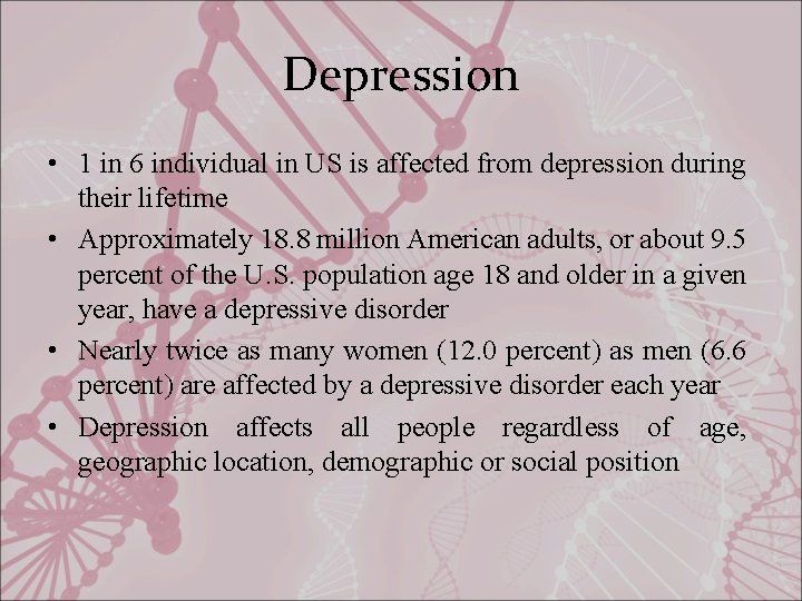 Depression • 1 in 6 individual in US is affected from depression during their