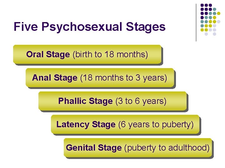 Five Psychosexual Stages Oral Stage (birth to 18 months) Anal Stage (18 months to