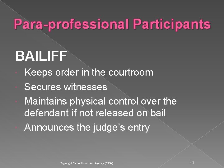 Para-professional Participants BAILIFF Keeps order in the courtroom Secures witnesses Maintains physical control over Para-professional Participants BAILIFF Keeps order in the courtroom Secures witnesses Maintains physical control over