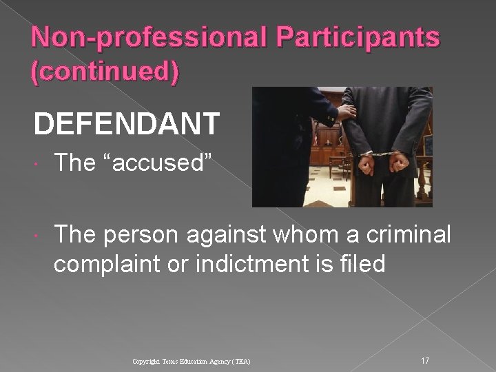 Non-professional Participants (continued) DEFENDANT The “accused” The person against whom a criminal complaint or Non-professional Participants (continued) DEFENDANT The “accused” The person against whom a criminal complaint or