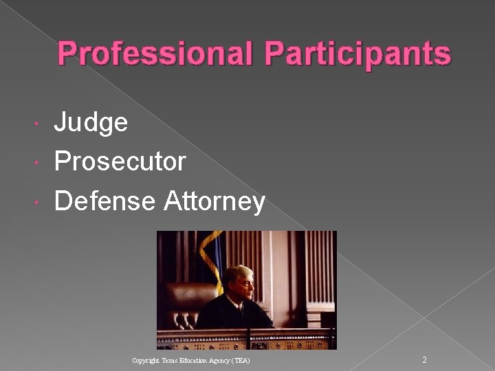 Professional Participants Judge Prosecutor Defense Attorney Copyright Texas Education Agency (TEA) 2  Professional Participants Judge Prosecutor Defense Attorney Copyright Texas Education Agency (TEA) 2