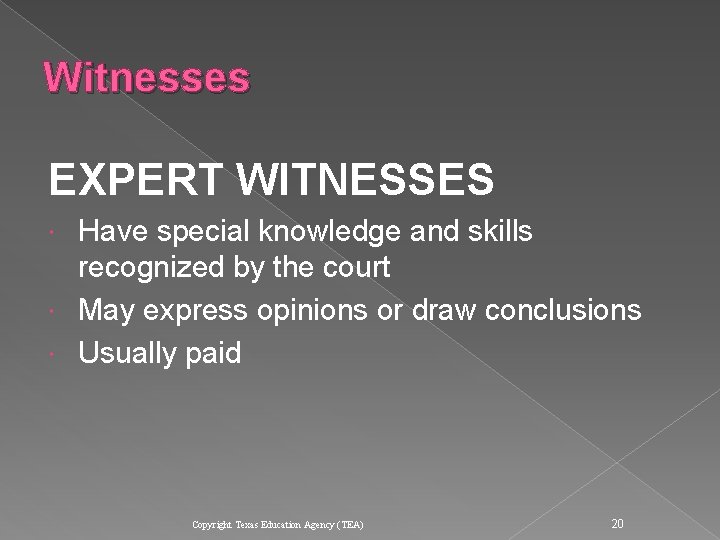 Witnesses EXPERT WITNESSES Have special knowledge and skills recognized by the court May express Witnesses EXPERT WITNESSES Have special knowledge and skills recognized by the court May express