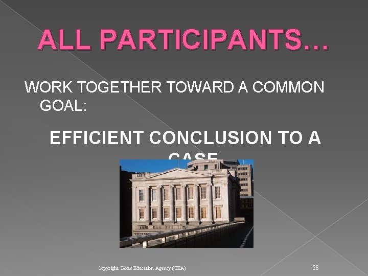 ALL PARTICIPANTS… WORK TOGETHER TOWARD A COMMON GOAL: EFFICIENT CONCLUSION TO A CASE Copyright ALL PARTICIPANTS… WORK TOGETHER TOWARD A COMMON GOAL: EFFICIENT CONCLUSION TO A CASE Copyright