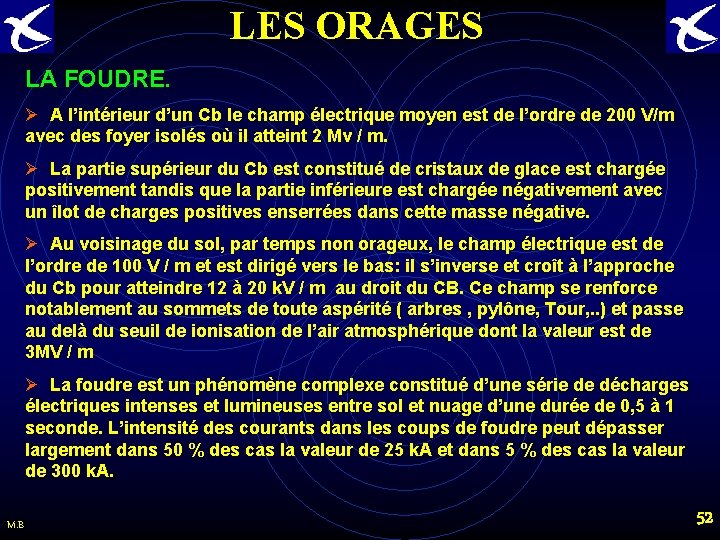 LES ORAGES LA FOUDRE. Ø A l’intérieur d’un Cb le champ électrique moyen est