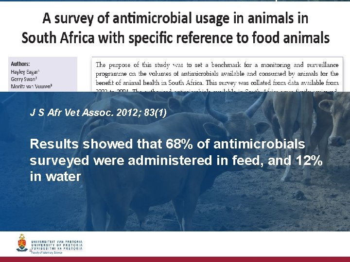 J S Afr Vet Assoc. 2012; 83(1) Results showed that 68% of antimicrobials surveyed