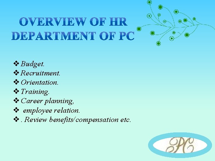 v Budget. v Recruitment. v Orientation. v Training. v Career planning, v employee relation.